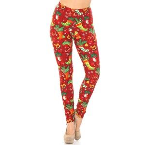 Plus Size Womens Buttery Soft Ruby Red Christmas Stocking Leggings